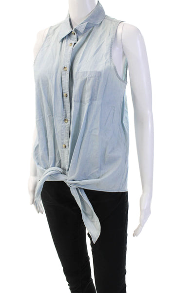 Equipment Femme Women Sleeveless Collared Button-Up Top Light Blue Size M