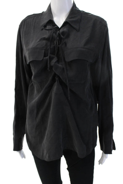 Equipment Femme Women Black Silk Collared Long Sleeve Army Blouse Size M