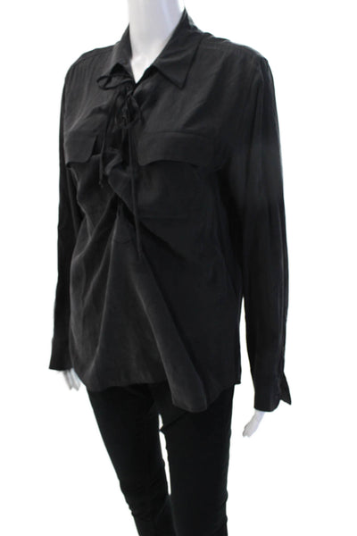 Equipment Femme Women Black Silk Collared Long Sleeve Army Blouse Size M