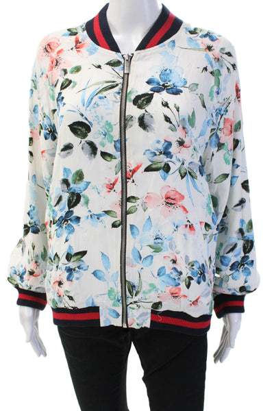 Sanctuary Womens Bomber Jacket White Floral Rayon Zip Long Sleeve Size M