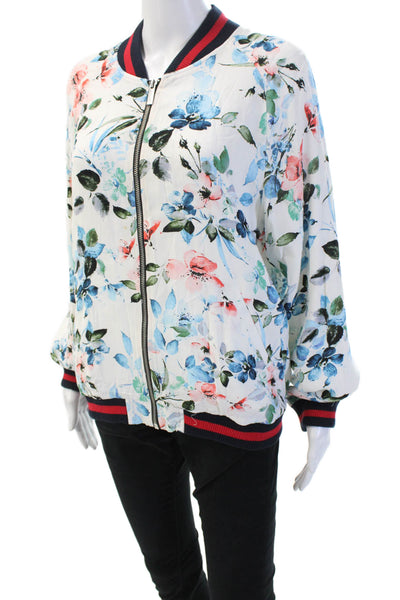 Sanctuary Womens Bomber Jacket White Floral Rayon Zip Long Sleeve Size M
