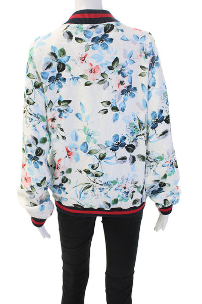 Sanctuary Womens Bomber Jacket White Floral Rayon Zip Long Sleeve Size M