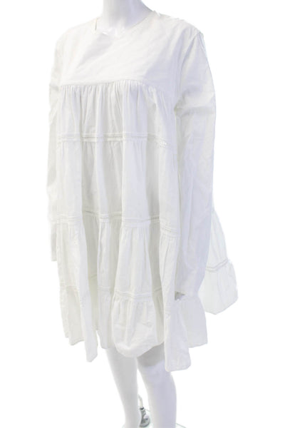 Merlette Women Trapeze Swing Dress White Cotton Blend Long Sleeve Button Size S