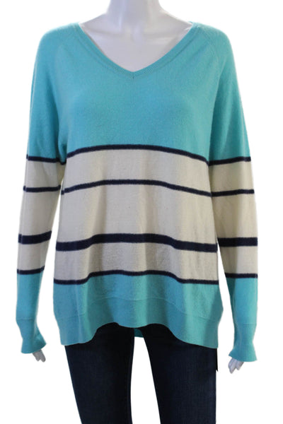 Neiman Marcus Women V-Neck Cashmere Pullover Light Blue Striped Size L