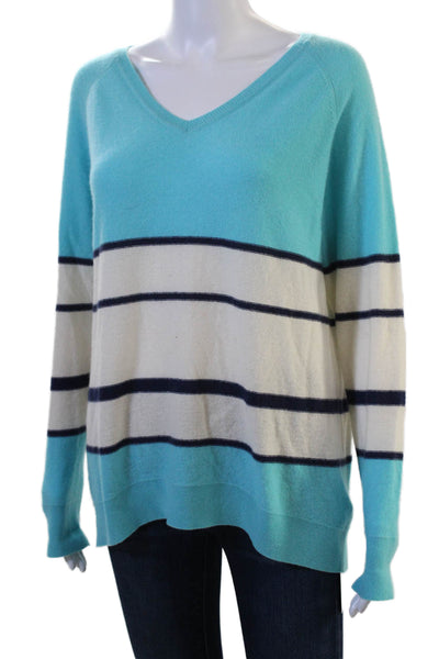 Neiman Marcus Women V-Neck Cashmere Pullover Light Blue Striped Size L