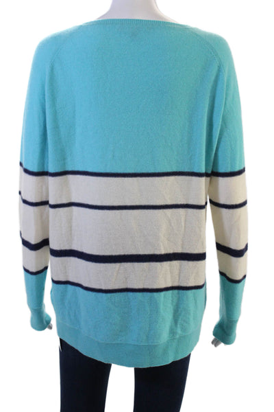 Neiman Marcus Women V-Neck Cashmere Pullover Light Blue Striped Size L