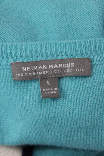 Neiman Marcus Women V-Neck Cashmere Pullover Light Blue Striped Size L