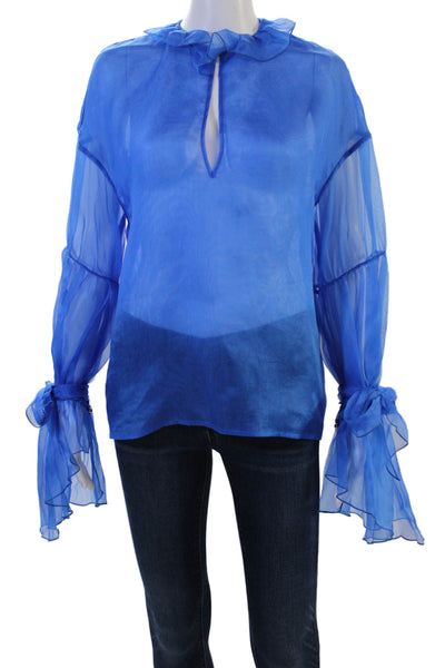 Simona Corsellini Women Silk High Neck Long Sleeve Blue Button Blouse Size 42