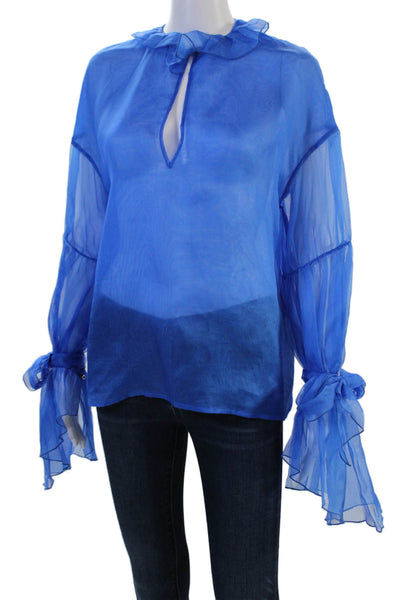 Simona Corsellini Women Silk High Neck Long Sleeve Blue Button Blouse Size 42