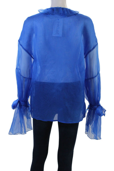 Simona Corsellini Women Silk High Neck Long Sleeve Blue Button Blouse Size 42