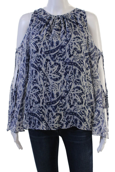Ramy Brook Women Blue Silk Paisley Blouse Long Sleeve Round Neck Tie Size M