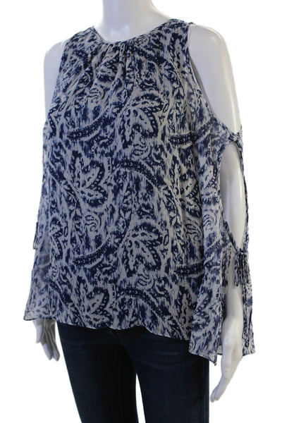 Ramy Brook Women Blue Silk Paisley Blouse Long Sleeve Round Neck Tie Size M