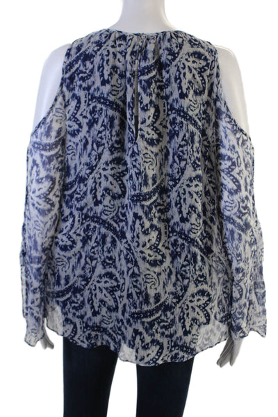 Ramy Brook Women Blue Silk Paisley Blouse Long Sleeve Round Neck Tie Size M