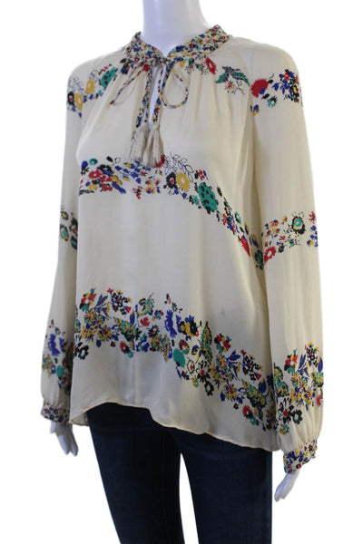 Derek Lam 10 Crosby Women Tunic Blouse Beige Silk Floral Long Sleeve Size 12