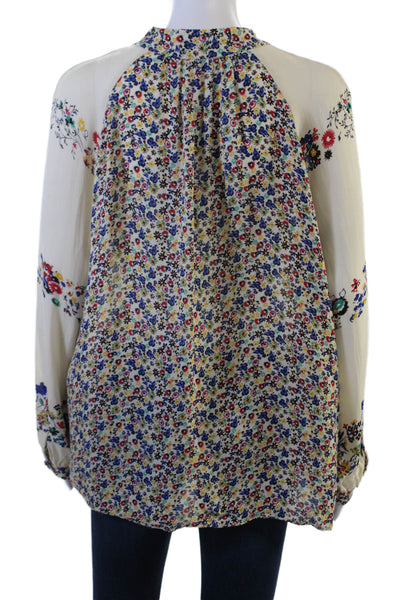 Derek Lam 10 Crosby Women Tunic Blouse Beige Silk Floral Long Sleeve Size 12
