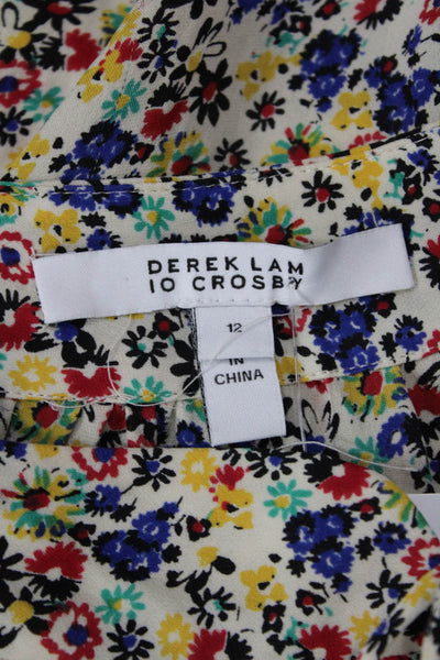Derek Lam 10 Crosby Women Tunic Blouse Beige Silk Floral Long Sleeve Size 12