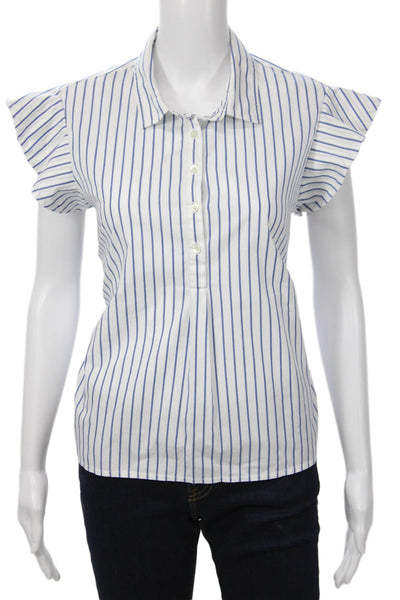 Frame Women Blouse Collared Striped White Cotton Button Short Sleeve Size S