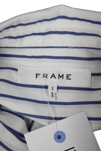 Frame Women Blouse Collared Striped White Cotton Button Short Sleeve Size S