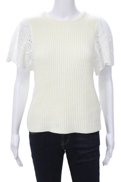 Lilla P Womens White Crew Neck Short Sleeve Top 55% Cotton Size M