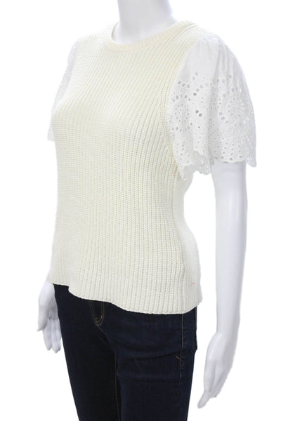 Lilla P Womens White Crew Neck Short Sleeve Top 55% Cotton Size M