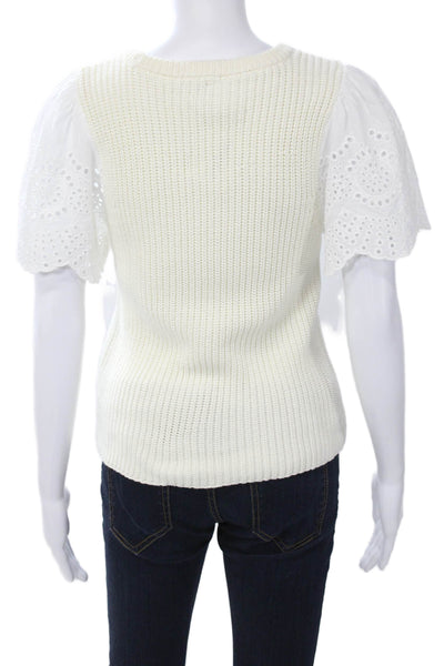 Lilla P Womens White Crew Neck Short Sleeve Top 55% Cotton Size M