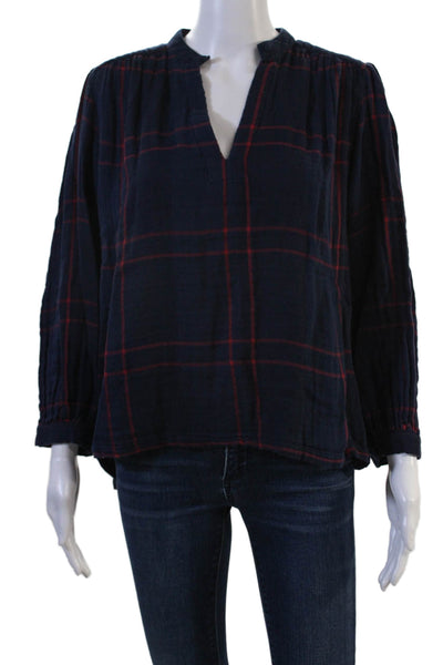 Birds of Paradis Women Tunic Blouse Blue Plaid V-Neck Button Cotton Size XS