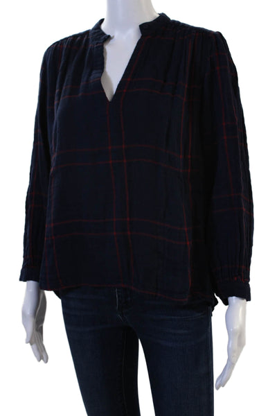 Birds of Paradis Women Tunic Blouse Blue Plaid V-Neck Button Cotton Size XS