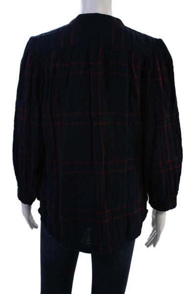 Birds of Paradis Women Tunic Blouse Blue Plaid V-Neck Button Cotton Size XS