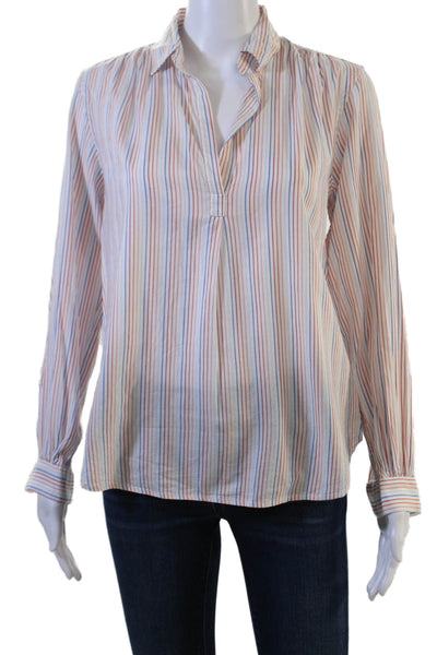 Birds of Paradis Women Striped Collared Button Long Sleeve Blouse White Size XS