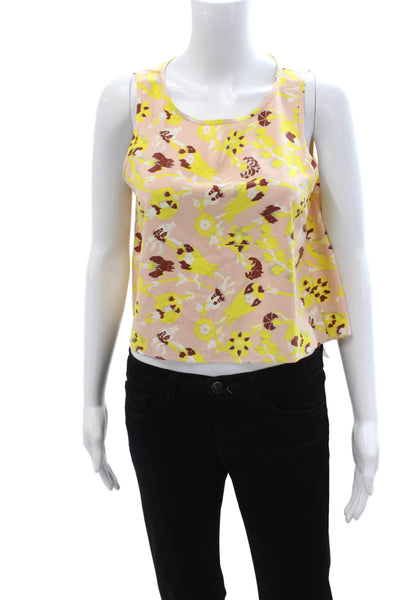 Tibi Women Cropped Silk Pink Floral Round Neck Sleeveless Tank Size 0