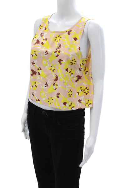 Tibi Women Cropped Silk Pink Floral Round Neck Sleeveless Tank Size 0
