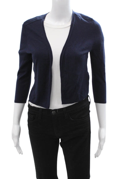 Rene Lezard Women Dark Blue Silk Cashmere V-Neck Cardigan 3/4 Sleeve Size 34