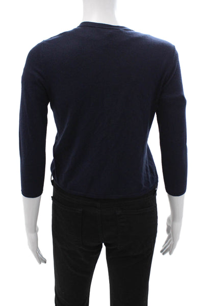 Rene Lezard Women Dark Blue Silk Cashmere V-Neck Cardigan 3/4 Sleeve Size 34