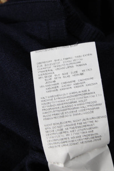 Rene Lezard Women Dark Blue Silk Cashmere V-Neck Cardigan 3/4 Sleeve Size 34