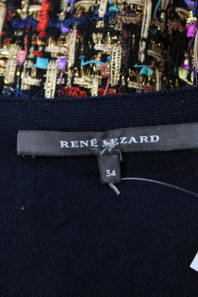 Rene Lezard Women Dark Blue Silk Cashmere V-Neck Cardigan 3/4 Sleeve Size 34