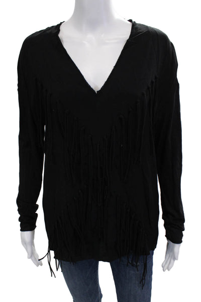 Zara Women Bohemian V-Neck Long Sleeve Cotton Top Black Size M