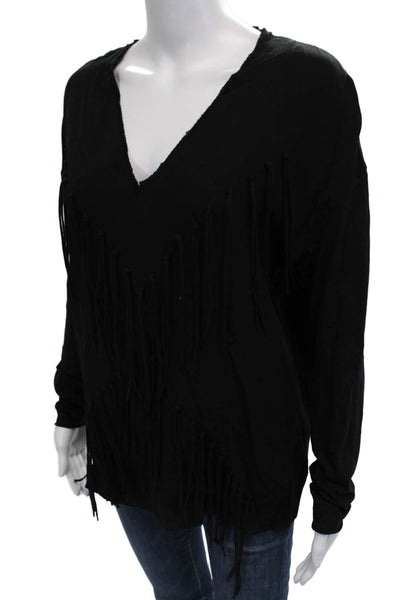 Zara Women Bohemian V-Neck Long Sleeve Cotton Top Black Size M