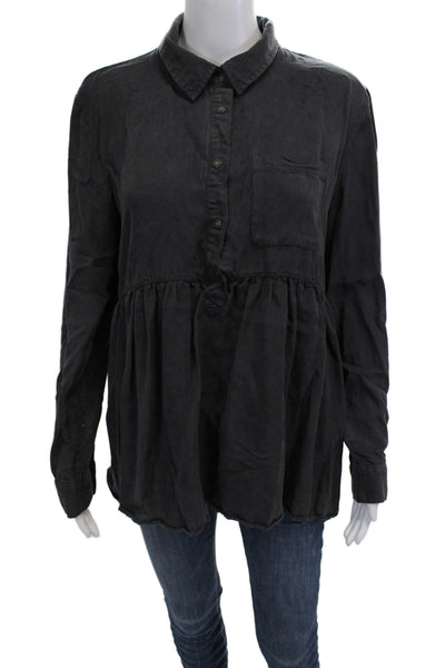 Zara Woman Womens Tunic Blouse Dark Gray Collared Long Sleeve Button Up Size M