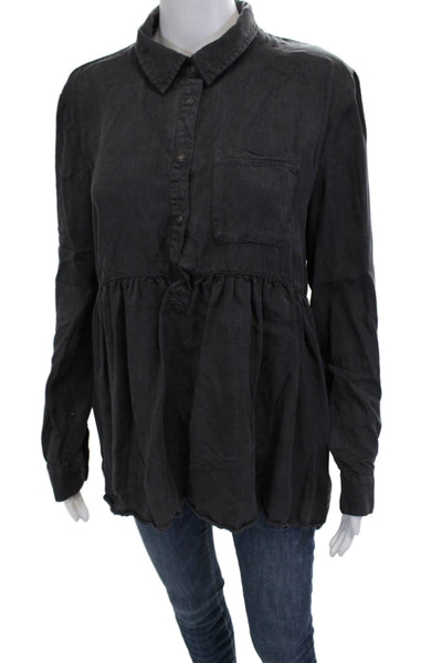Zara Woman Womens Tunic Blouse Dark Gray Collared Long Sleeve Button Up Size M