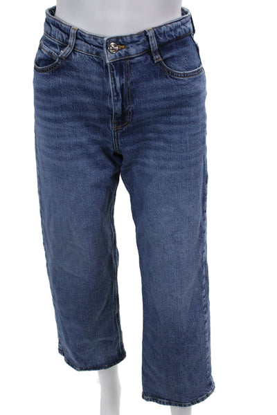 Zara Women Cropped Straight High Rise Dark Blue Cotton Elastane Jeans Size 4