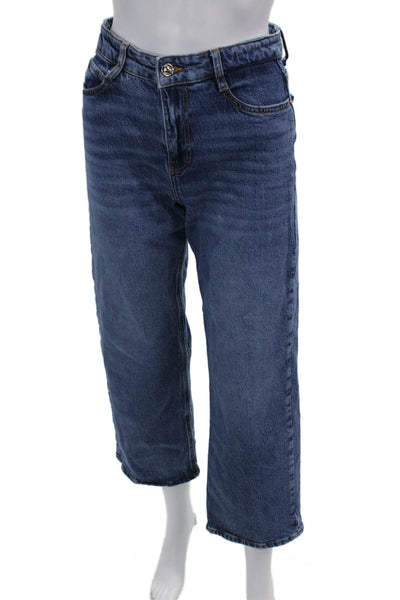 Zara Women Cropped Straight High Rise Dark Blue Cotton Elastane Jeans Size 4