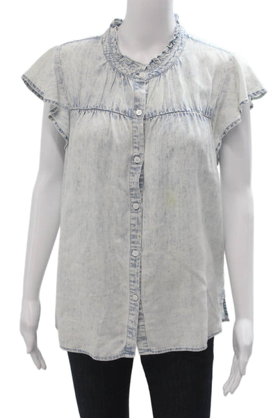 Rails Women Light Blue Button Up Blouse Short Sleeve Round Neck Boho Size M