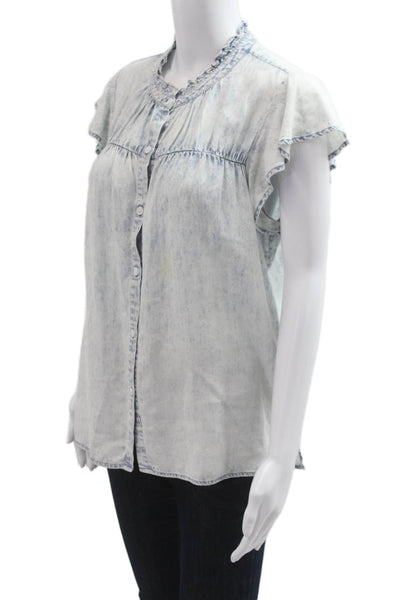 Rails Women Light Blue Button Up Blouse Short Sleeve Round Neck Boho Size M