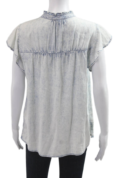 Rails Women Light Blue Button Up Blouse Short Sleeve Round Neck Boho Size M