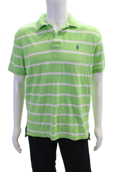 Polo Ralph Lauren Mens Green Striped Cotton Collared Polo Short Sleeve Size M