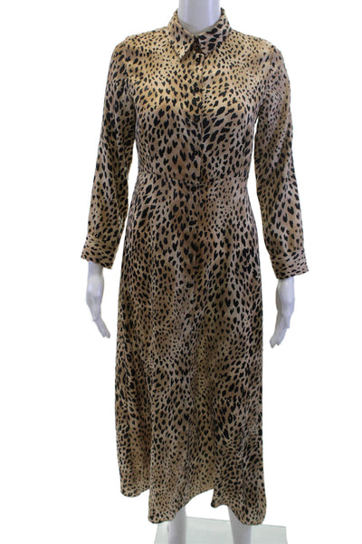 MNG Women Shirt Dress Beige Animal Print Long Sleeve Full-Length Size 2