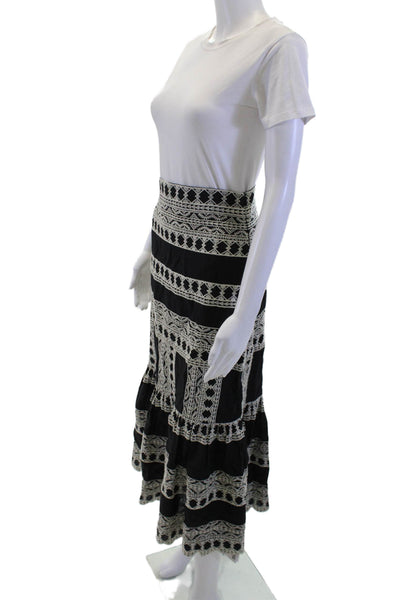 Zara Womens Maxi Peasant Skirt Black Linen Blend Geometric Long Size XS