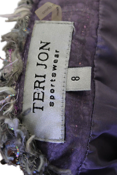 Teri Jon Sportswear Womens Purple Hook Eye Crew Neck 3/4 Sleeve Jacket Size 8