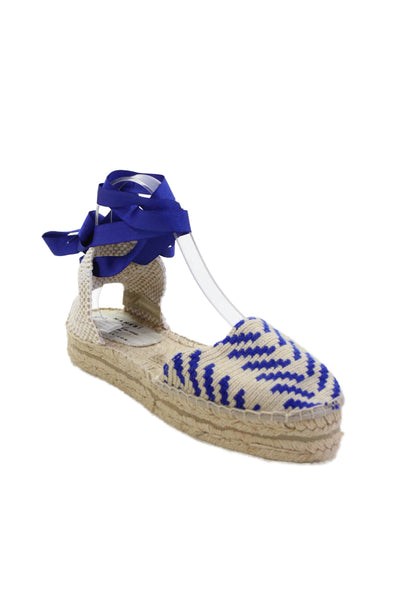 Manebi Women's Ankle Wrap Espadrille Blue Ribbon Sandals Beige Size 38