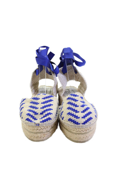 Manebi Women's Ankle Wrap Espadrille Blue Ribbon Sandals Beige Size 38